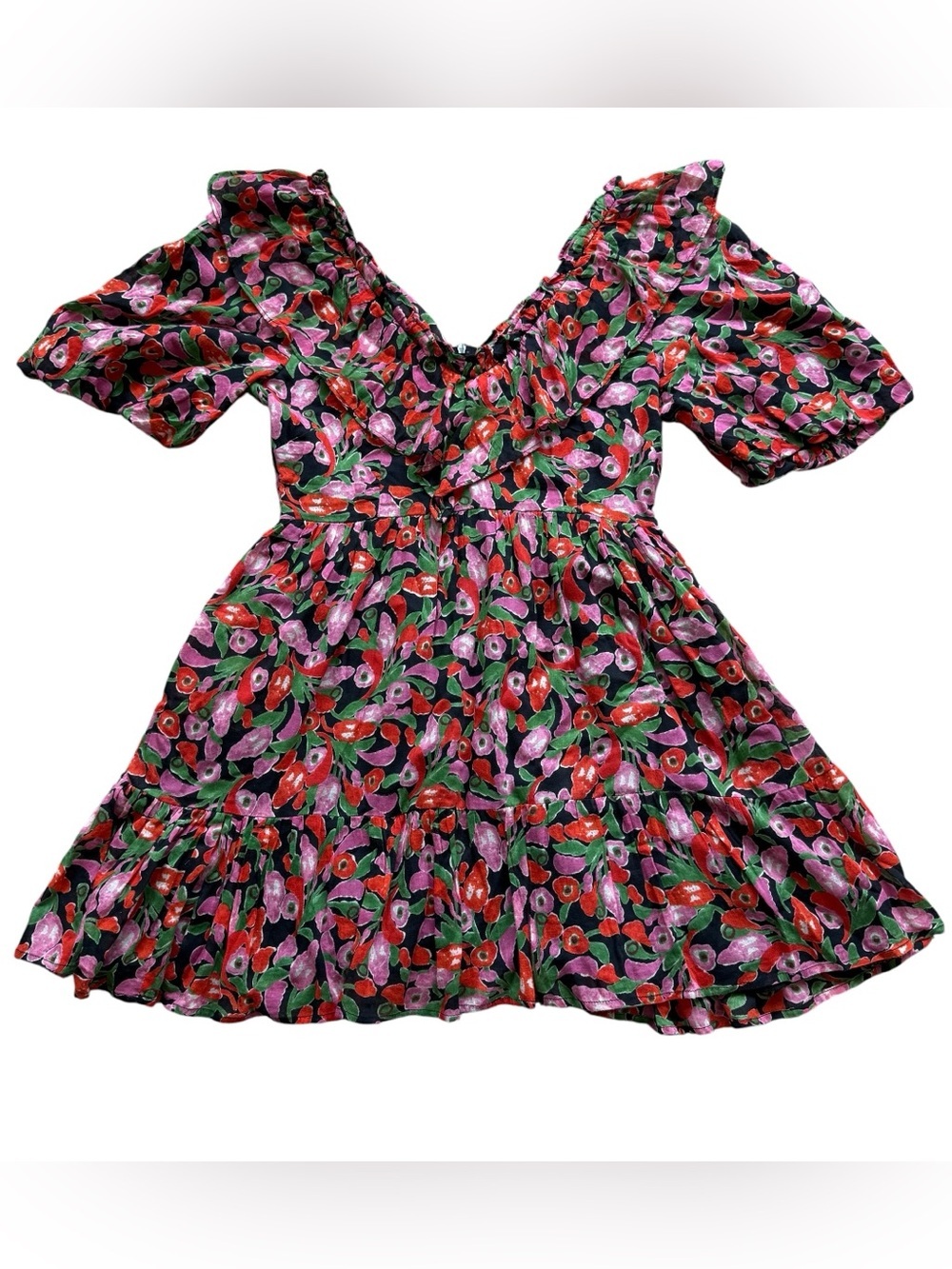 Banjanan Floral Mini Dress Puff Sleeve Cottagecore Anthropologie Boho Tiered S